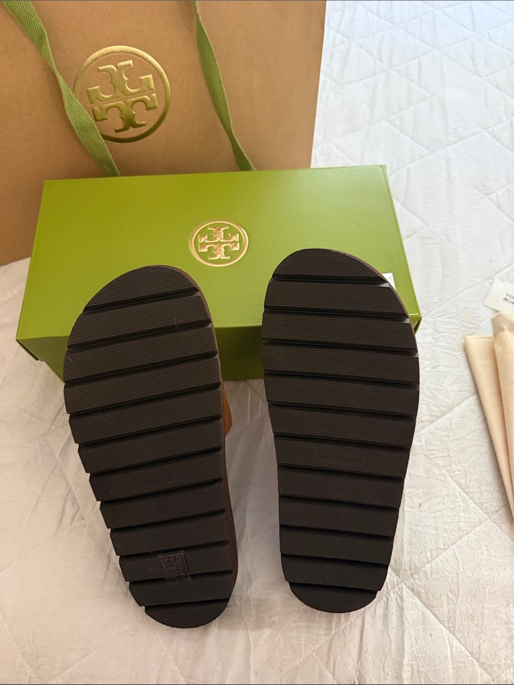 Tory Burch Brown Leather Slide Sandals with Gold Logo - Picture 6 of 10